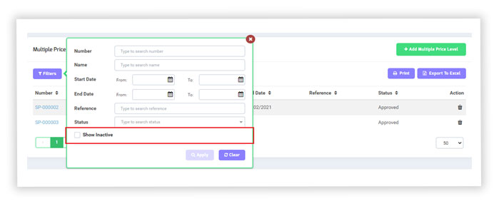 Checkbox for “show in-active” prices  